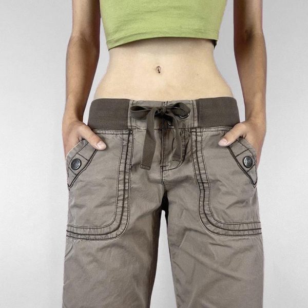 Gray Vintage Low-Waist Tied Straight-Leg Cargo Pants for Women, Versatile Slimming Design, Floor-Length Y2K Dance Pants