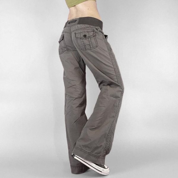Gray Vintage Low-Waist Tied Straight-Leg Cargo Pants for Women, Versatile Slimming Design, Floor-Length Y2K Dance Pants