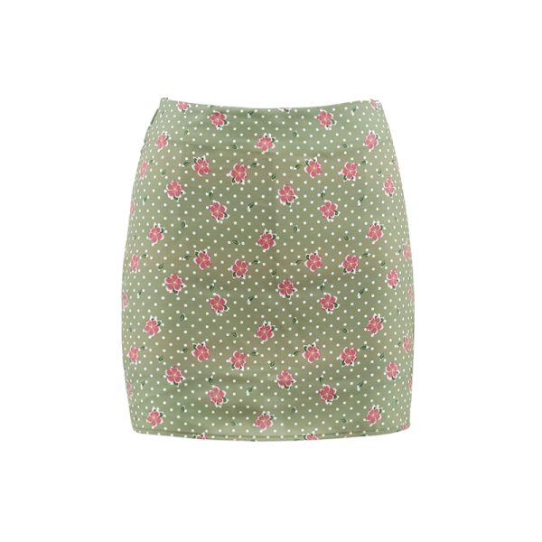 Green French Print A-Line High-Waisted Bodycon Skirt with Built-In Safety Shorts â€“ Trendy 90s Style Mini Skirt for Effortless Chic