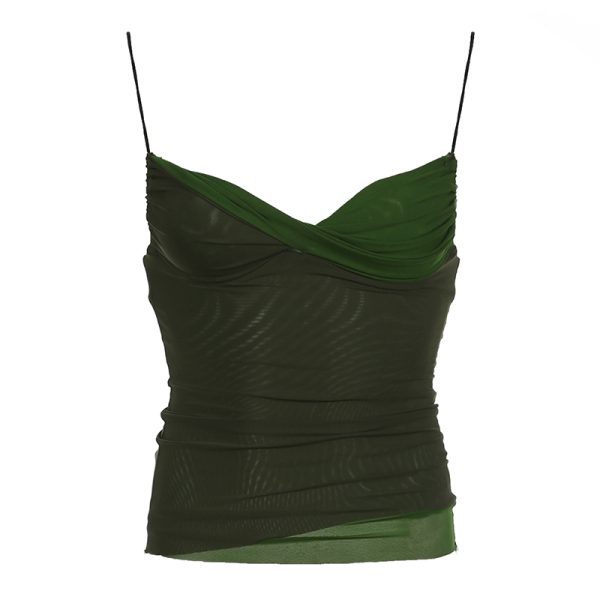 Green Mesh Spliced Camisole - Slimming Womenâ€™s Outerwear Top for Versatile Style - Perfect for Y2K and Casual Looks
