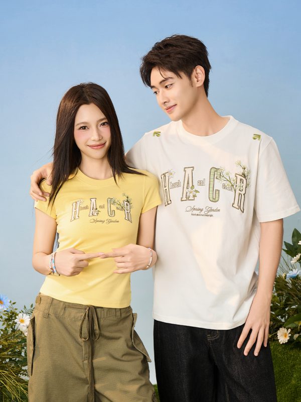 Guava Series Couple Embroidered Patch T-shirt - Casual 90s Style Unisex Tee, Trendy Streetwear for Couples