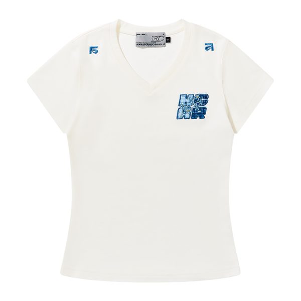 Guava Series Fun Little Embroidered Stretch Slim Fit V-Neck Short Sleeve T-Shirt for Women - Y2K Inspired Fashion Top