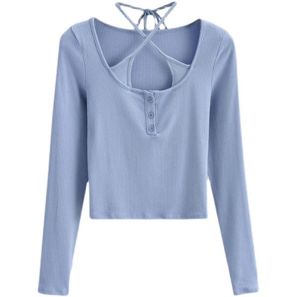 Halter Tie Solid Color Long Sleeve T-Shirt Top - Sexy Fake Two-Piece Design for Early Autumn, European & American Style