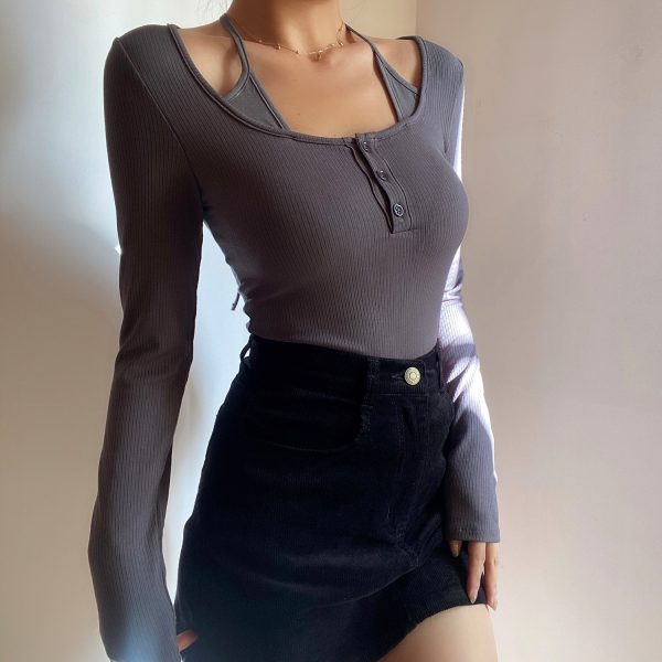Halter Tie Solid Color Long Sleeve T-Shirt Top - Sexy Fake Two-Piece Design for Early Autumn, European & American Style