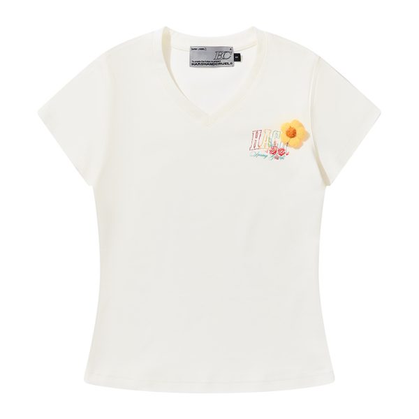 Hand-Drawn 3D Yarn Flower Elastic Slim-Fit V-Neck Short Sleeve T-Shirt for Women - Trendy Floral Design, Perfect for Everyday Wear