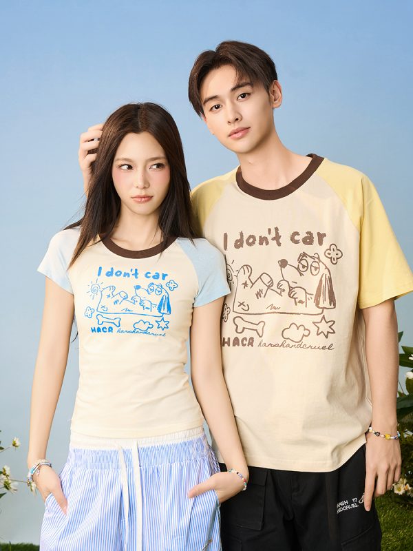 Hand-Painted Cute Dog Couple Loose Raglan Short Sleeve T-Shirt for Men and Women - Y2K Aesthetic Fashion Tee