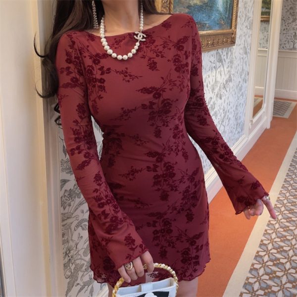 Handmade 2025 Spring Australia Super Slimming Mesh Bell Sleeve Bodycon Dress - Sexy Niche Design for 90s and Y2K Style