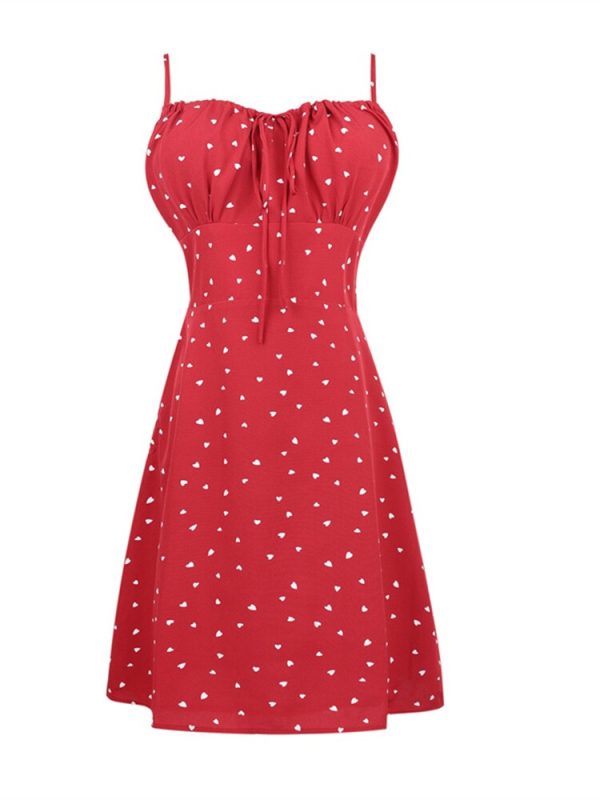 Handmade 2025 Spring/Summer Red Polka Dot French Square Neck Tie Bow Vacation Sling Dress for Women - Y2K Style