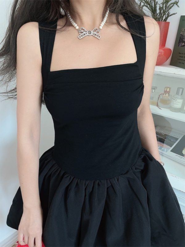 Handmade Black Slip Dress with Wide Shoulder Straps, Square Neckline, Waist-Cinching Design - Vacation Style, Slimming Fit