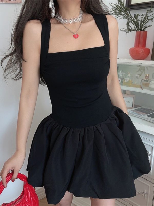 Handmade Black Slip Dress with Wide Shoulder Straps, Square Neckline, Waist-Cinching Design - Vacation Style, Slimming Fit