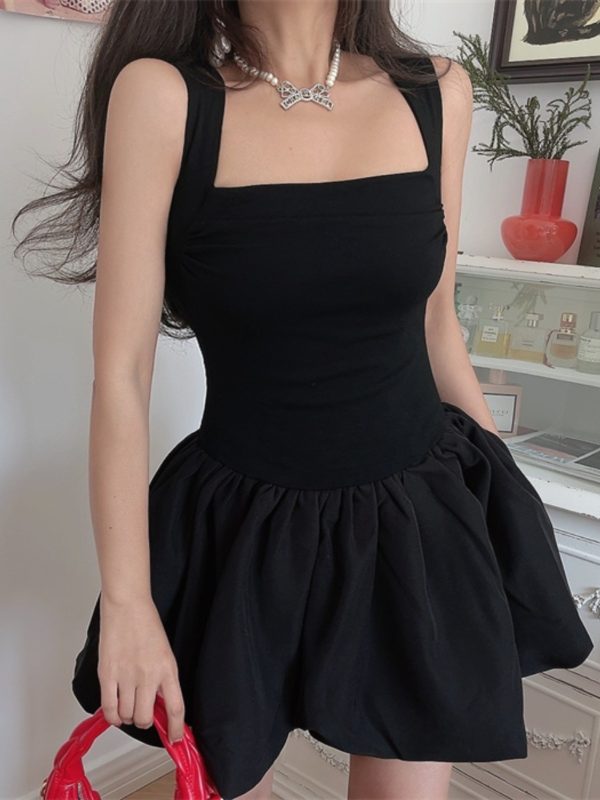 Handmade Black Slip Dress with Wide Shoulder Straps, Square Neckline, Waist-Cinching Design - Vacation Style, Slimming Fit