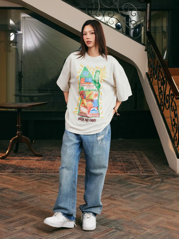 Handmade Children's Crayon Doodle House T-Shirt - Loose Fit, National Trend, Vintage Style, Perfect for Couples
