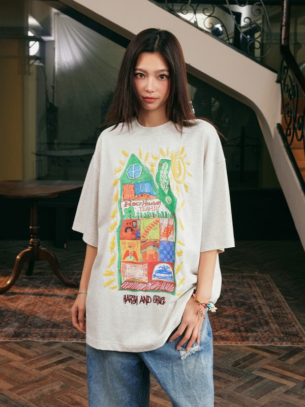 Handmade Children's Crayon Doodle House T-Shirt - Loose Fit, National Trend, Vintage Style, Perfect for Couples