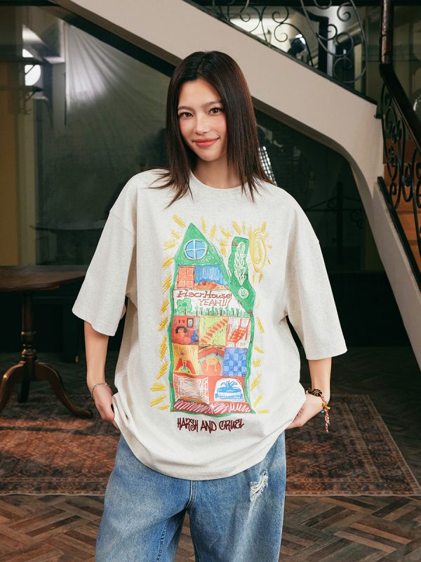 Handmade Children's Crayon Doodle House T-Shirt - Loose Fit, National Trend, Vintage Style, Perfect for Couples