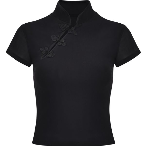 Handmade Chinese Style Qipao Top for Women, Retro Doll Button Design, Improved Short Sleeve Mesh, Vintage Chic Fashion