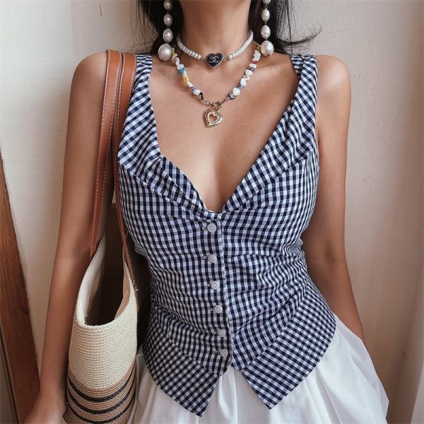 Handmade Deep V Checkered Slim-Fit Sleeveless Vacation Top - 2025 Spring/Summer Australia Style