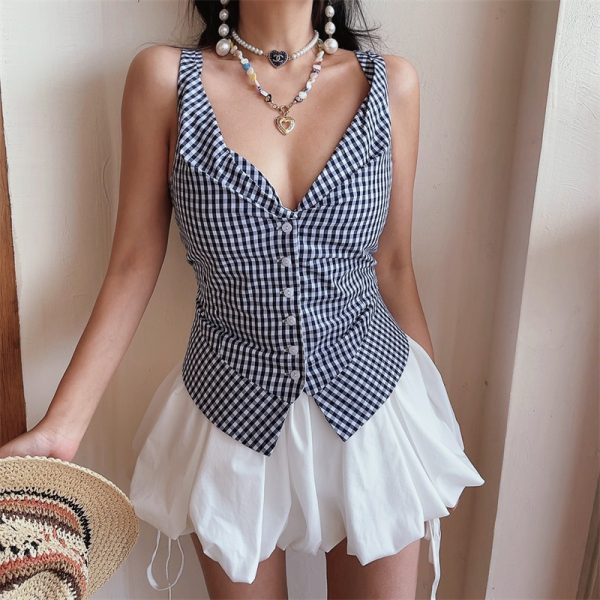 Handmade Deep V Checkered Slim-Fit Sleeveless Vacation Top - 2025 Spring/Summer Australia Style
