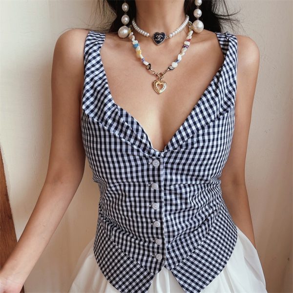 Handmade Deep V Checkered Slim-Fit Sleeveless Vacation Top - 2025 Spring/Summer Australia Style