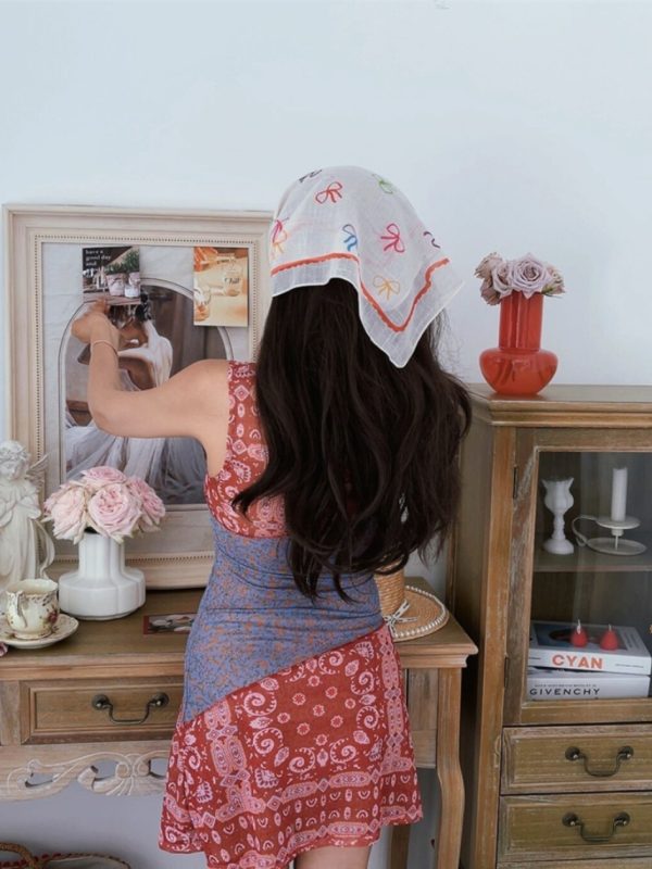 Handmade Floral Patchwork Mesh Square Neck Vacation Dress with Big Elastic Waist - American Country Style