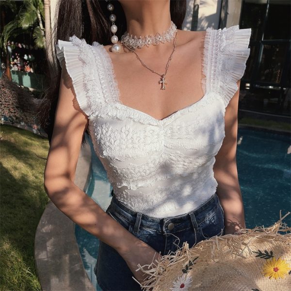 Handmade French Lace Flutter Sleeve Camisole Top for Women - Sweet Fairy Style, Elastic Fit, Perfect for Romantic Looks