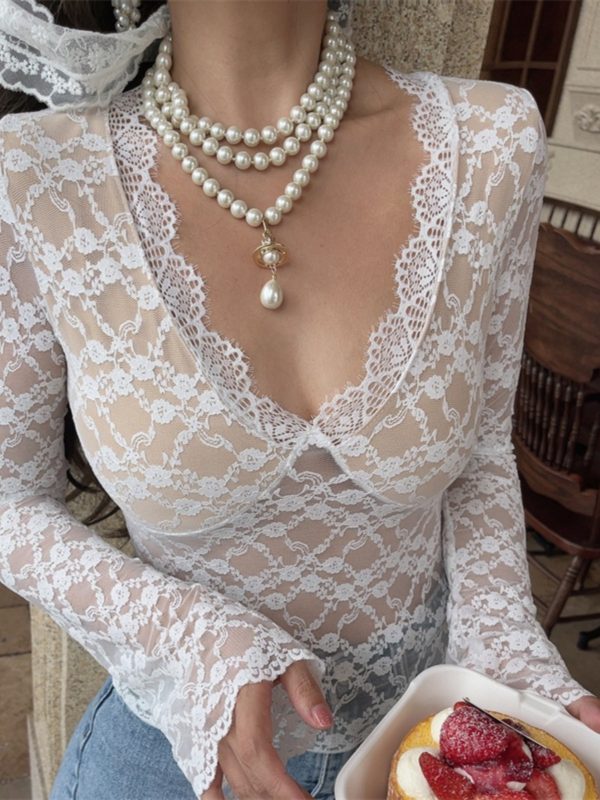 Handmade French V-Neck Lace Long Sleeve Top - Sexy Fairy Style for a Beautiful Look - Perfect for 90s and Y2K Inspired Fashion