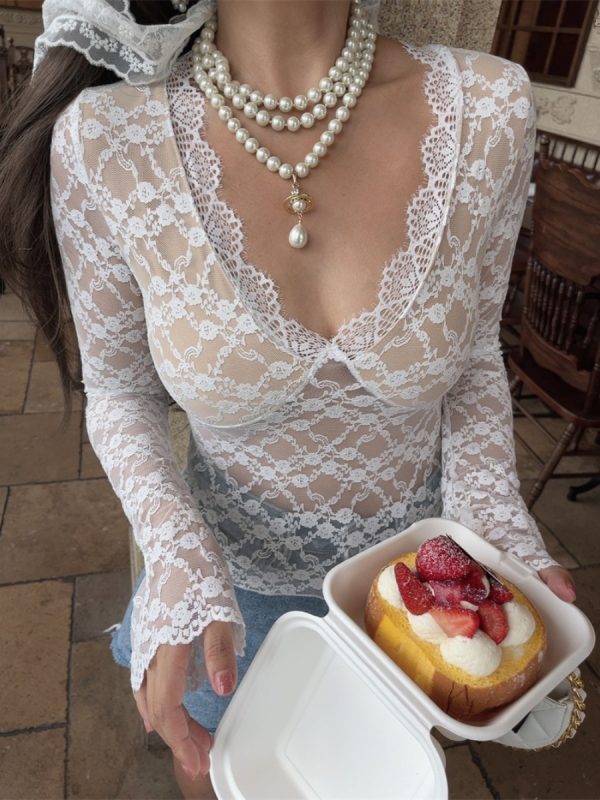 Handmade French V-Neck Lace Long Sleeve Top - Sexy Fairy Style for a Beautiful Look - Perfect for 90s and Y2K Inspired Fashion