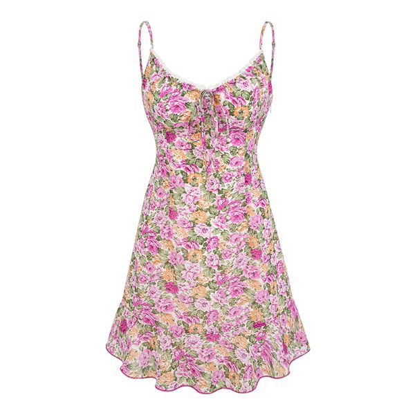 Handmade French Vintage Floral Cami Dress for Women - Summer Slim Fit Waist-Defined Lace Short Skirt - Y2K Style