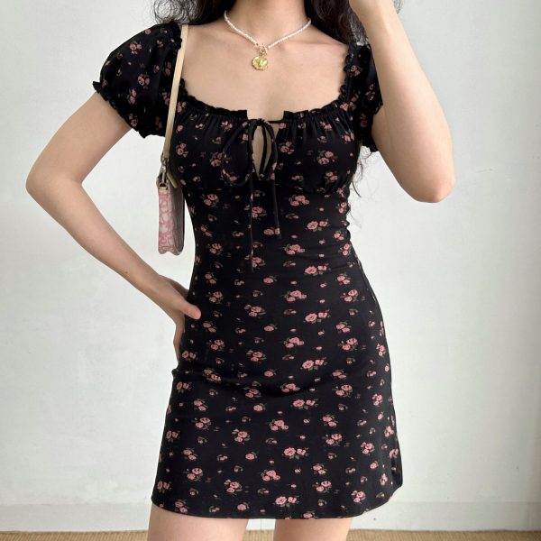 Handmade French Vintage Floral Dress for Women - Hollow-Out Tie-Up Square Neck, Puff Sleeves, Short Skirt, Summer Style