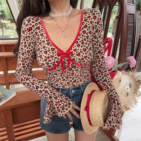 Handmade Leopard Print Long Sleeve V-Neck T-Shirt with Bow Tie and Bell Sleeves - Spicy Girl Vacation Style, 90s American Fashion