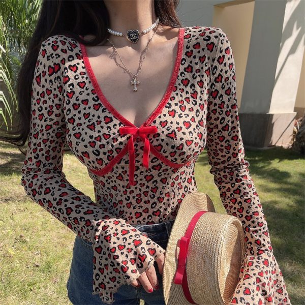 Handmade Leopard Print Long Sleeve V-Neck T-Shirt with Bow Tie and Bell Sleeves - Spicy Girl Vacation Style, 90s American Fashion