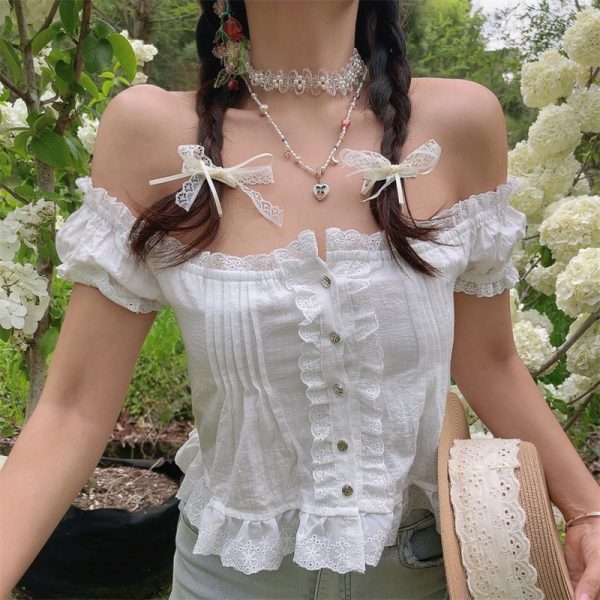 Handmade One-Shoulder White Blouse with Puff Sleeves and Lotus Leaf Design for Vacation, Boho Style