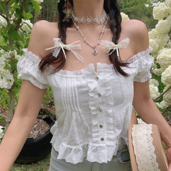 Handmade One-Shoulder White Blouse with Puff Sleeves and Lotus Leaf Design for Vacation, Boho Style