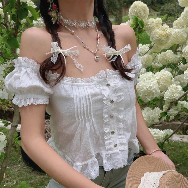 Handmade One-Shoulder White Blouse with Puff Sleeves and Lotus Leaf Design for Vacation, Boho Style