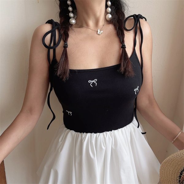 Handmade Retro Bow Embroidery Camisole for Girls - Versatile Spring & Summer Ballet Style with Elastic Straps