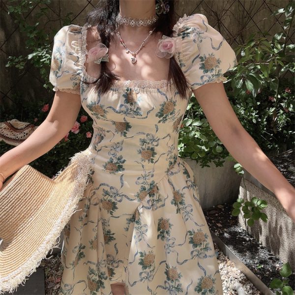 Handmade Spring Summer French Square Neck Lace Trim Puff Sleeve Court Waist Dress for Vacation - Chic Floral Style