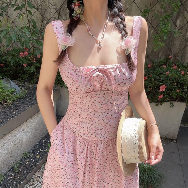 Handmade Vintage Floral Camisole Dress with Pocket - Sweet Pink Square Neck Drawstring Vacation Style, Perfect for Summer Outings