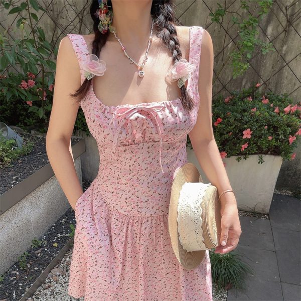 Handmade Vintage Floral Camisole Dress with Pocket - Sweet Pink Square Neck Drawstring Vacation Style, Perfect for Summer Outings