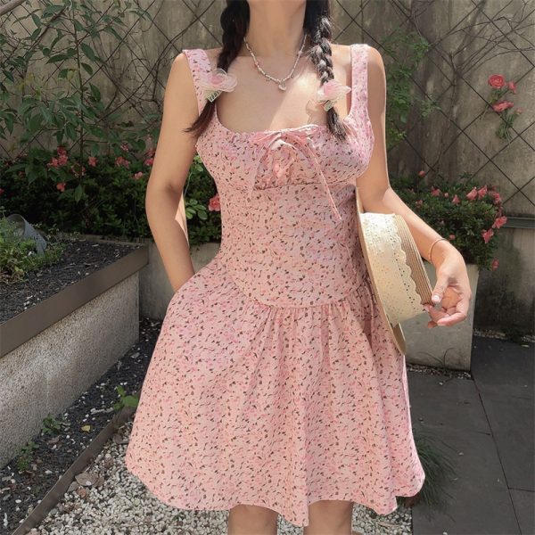 Handmade Vintage Floral Camisole Dress with Pocket - Sweet Pink Square Neck Drawstring Vacation Style, Perfect for Summer Outings