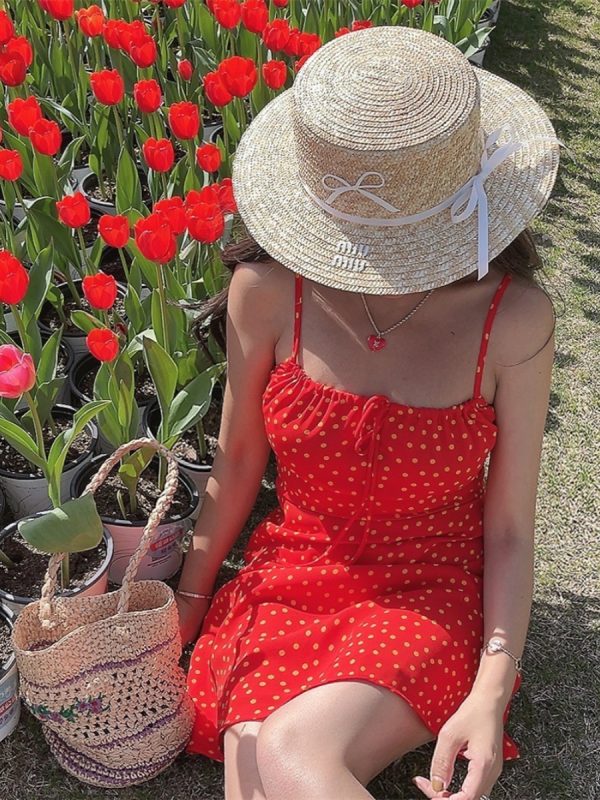 Handmade Vintage Polka Dot Little Red Dress with Drawstring Waist - Women's French Vacation Style Camisole Dress