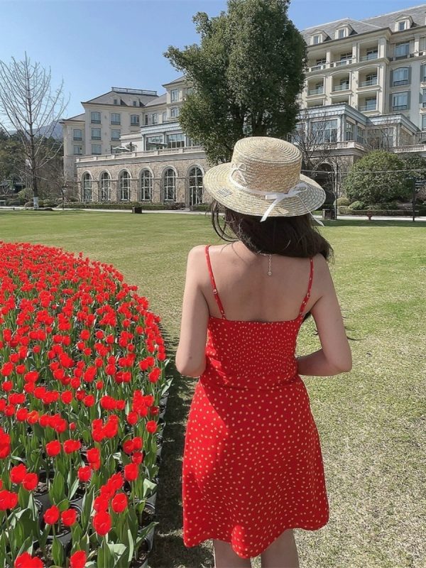 Handmade Vintage Polka Dot Little Red Dress with Drawstring Waist - Women's French Vacation Style Camisole Dress