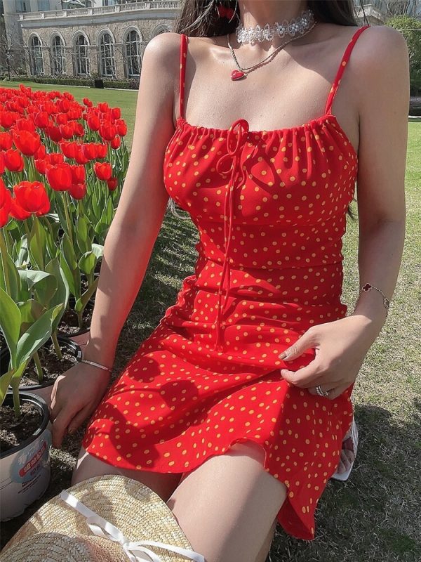 Handmade Vintage Polka Dot Little Red Dress with Drawstring Waist - Women's French Vacation Style Camisole Dress