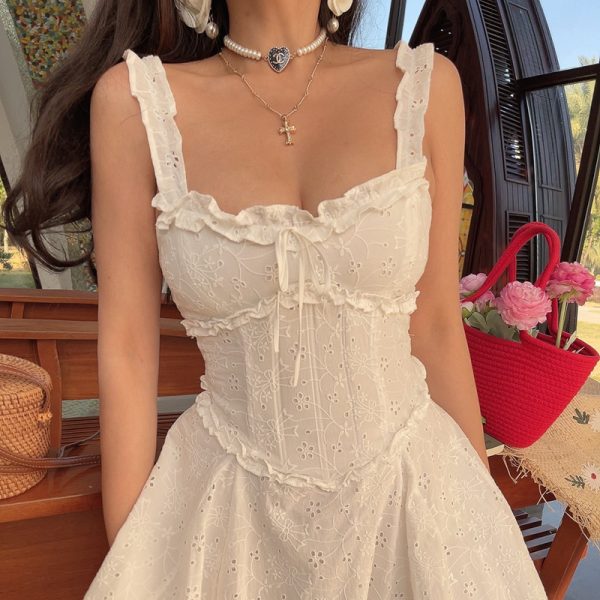 Handmade White Dress with French Square Neck and Fishbone Waist - 2025 Spring/Summer Vacation Style