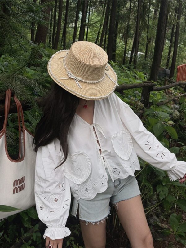 Handmade White Lantern Sleeve Shirt for Women with Embroidered Hollow Flower Design - Perfect for Vacation & 90s Aesthetic