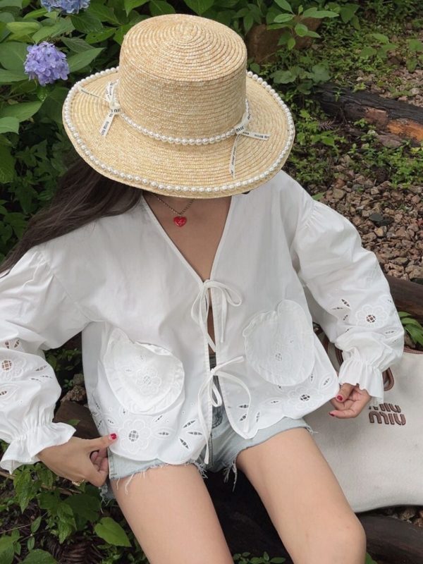 Handmade White Lantern Sleeve Shirt for Women with Embroidered Hollow Flower Design - Perfect for Vacation & 90s Aesthetic