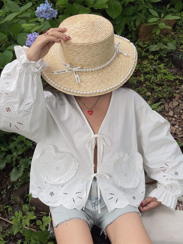 Handmade White Lantern Sleeve Shirt for Women with Embroidered Hollow Flower Design - Perfect for Vacation & 90s Aesthetic