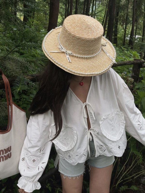 Handmade White Lantern Sleeve Shirt for Women with Embroidered Hollow Flower Design - Perfect for Vacation & 90s Aesthetic
