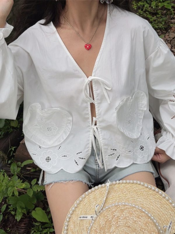 Handmade White Lantern Sleeve Shirt for Women with Embroidered Hollow Flower Design - Perfect for Vacation & 90s Aesthetic
