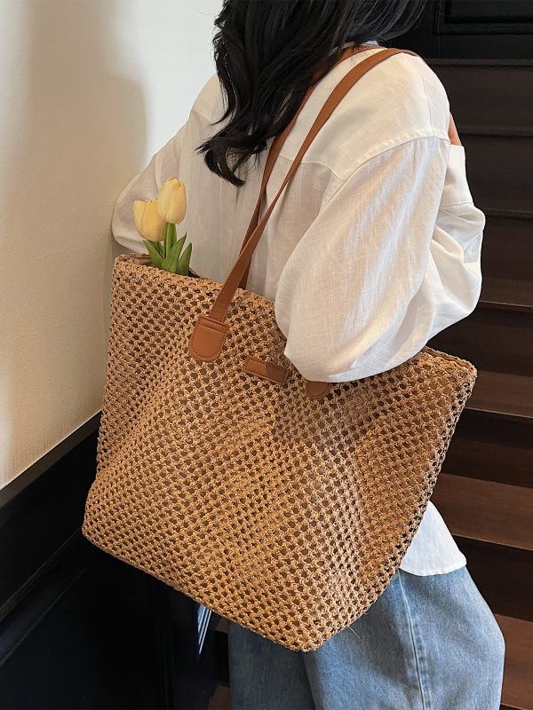 Handwoven Straw Tote Bag for Women, Large Capacity, Trendy Beach Vacation Shoulder Bag, 2025 Style
