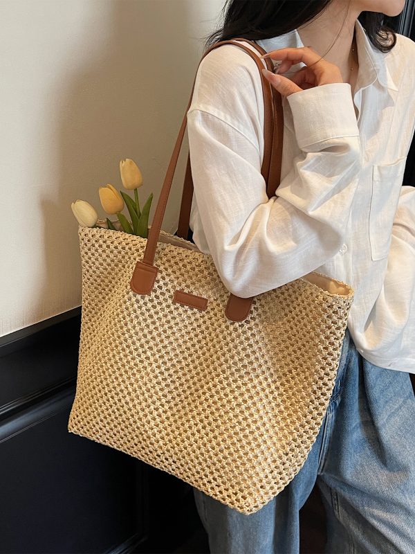Handwoven Straw Tote Bag for Women, Large Capacity, Trendy Beach Vacation Shoulder Bag, 2025 Style