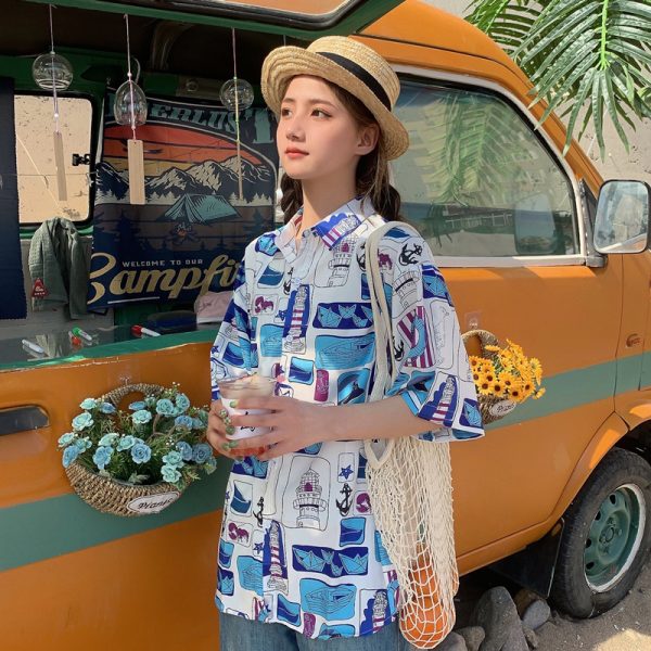 Hawaiian Floral Short Sleeve Shirt for Women - Loose Fit Beach Top in Hong Kong Style for Seaside Vacation